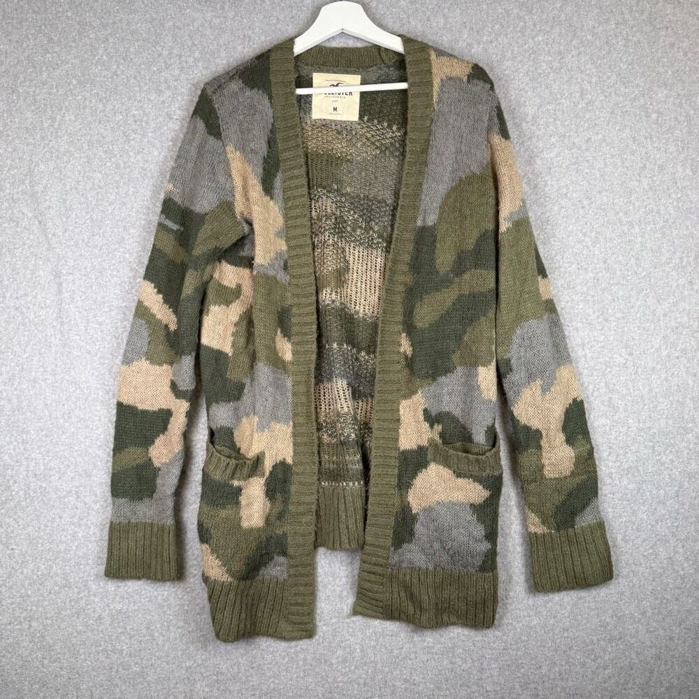 Hollister Women's Small Blue Green Camo Print Cardigan Sweater Acrylic Knit